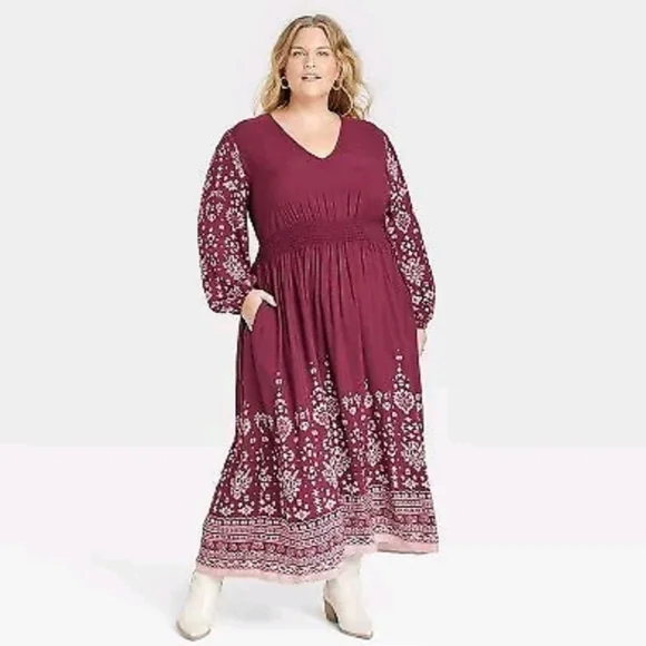 Knox Rose Dresses | Women's Long Sleeve Smocked Maxi Dress - Knox Rose Purple Floral XXL | Color: Purple/Red | Size: XXL | Sotosamantha101'S Closet
